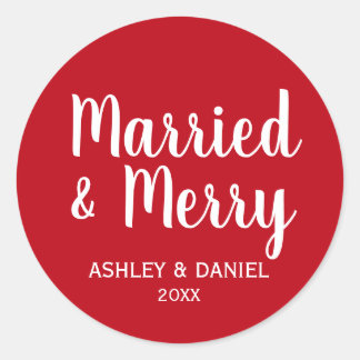Married & Merry Newlywed Holiday Red Round Large Classic Round Sticker