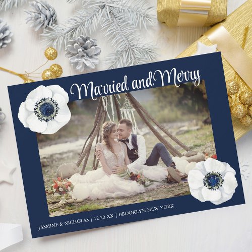 Married  Merry Newlywed Photo Chic Blue Floral Holiday Card