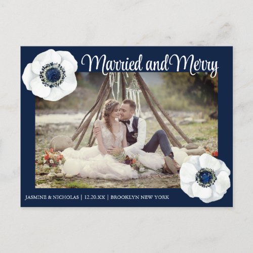Married  Merry Newlywed Photo Chic Blue Floral Holiday Postcard