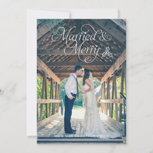 Married  Merry Newlywed Photo Holiday Card Blue