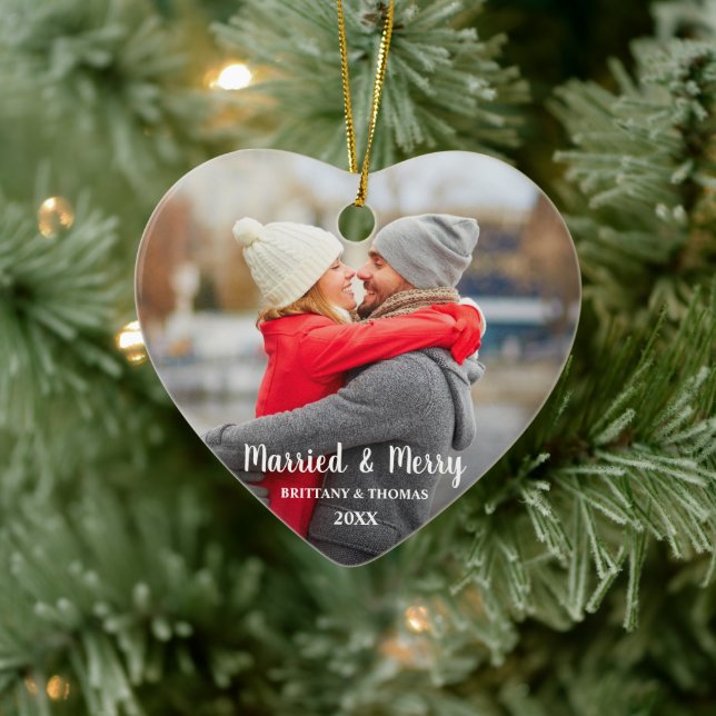 Married & Merry Newlywed Photo Red Back Ceramic Ornament (Tree)