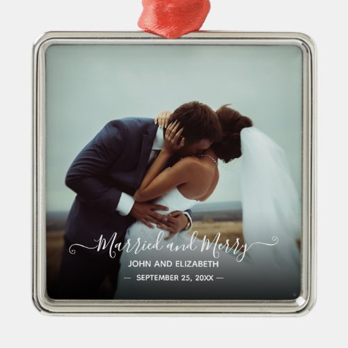 Married Merry Newlywed Photo Signature Script Metal Ornament