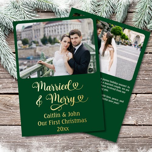 Married Merry Newlyweds 1st Christmas Custom Green Foil Holiday Card