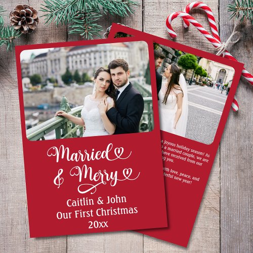 Married Merry Newlyweds 1st Christmas Custom Red Holiday Card