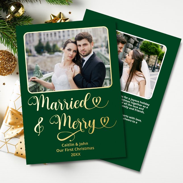 Married Merry Newlyweds 1st Christmas Green Hearts Foil Holiday Card (Married & Merry Custom 2-Photo Christmas Card in Green with Gold Foil, personal message on the back.)