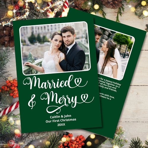 Married Merry Newlyweds 1st Christmas Green Hearts Holiday Card