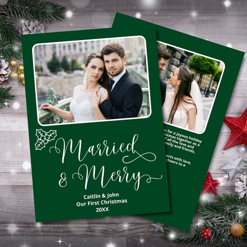 Married Merry Newlyweds 1st Christmas Green Holly Holiday Card