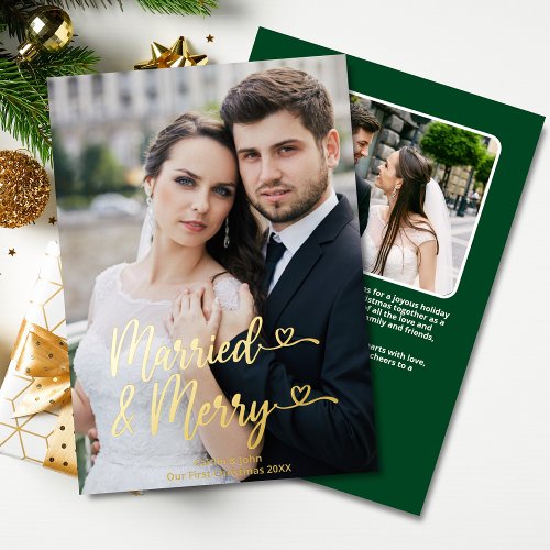 Married Merry Newlyweds 1st Christmas Hearts Photo Foil Holiday Card