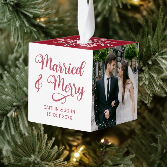 Married Merry Newlyweds 1st Christmas Photo Framed Cube Ornament (Tree)