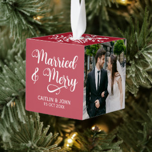 Married Merry Newlyweds 1st Christmas Photo Framed Cube Ornament