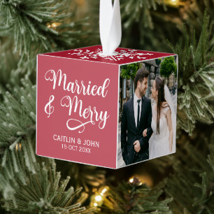 Married Merry Newlyweds 1st Christmas Photo Framed Cube Ornament
