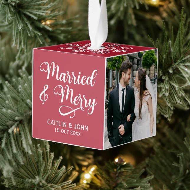 Married Merry Newlyweds 1st Christmas Photo Framed Cube Ornament (Tree)
