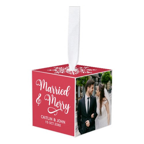 Married Merry Newlyweds 1st Christmas Photo Framed Cube Ornament