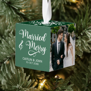 Married Merry Newlyweds 1st Christmas Photo Framed Cube Ornament