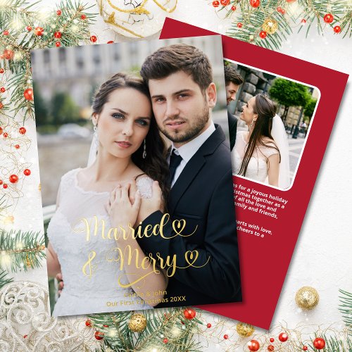 Married Merry Newlyweds 1st Christmas Photo Hearts Foil Holiday Card