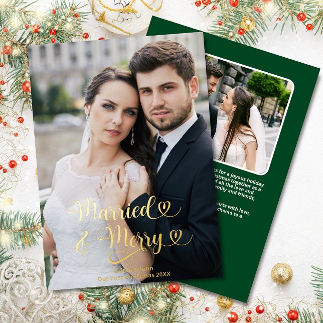 Married Merry Newlyweds 1st Christmas Photo Hearts Foil Holiday Card (Married & Merry Custom 2-Photo Christmas Card in Gold Foil, Green on back with Personal Note & Photo)