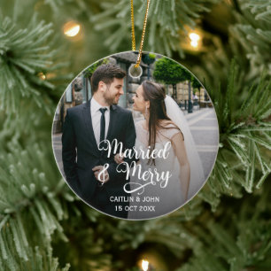 Married Merry Newlyweds 1st Christmas Photo Round Ceramic Ornament