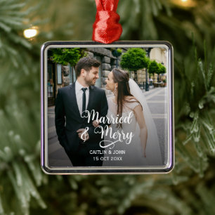 Married Merry Newlyweds 1st Christmas Photo Square Metal Ornament