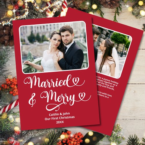 Married Merry Newlyweds 1st Christmas Red Hearts Holiday Card