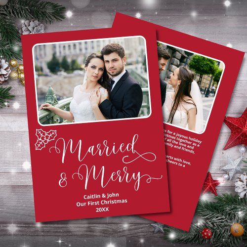 Married Merry Newlyweds 1st Christmas Red Holly Holiday Card