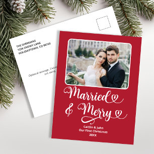 Married Merry Newlyweds 1st Christmas Red Photo Holiday Postcard
