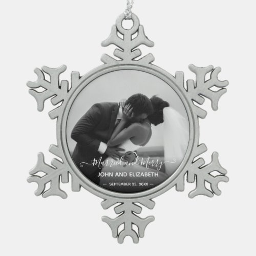 Married Merry Newlyweds Black White Photo Snowflake Pewter Christmas Ornament