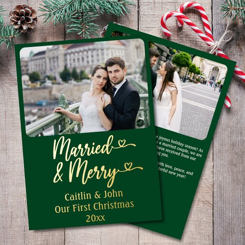 Married Merry Newlyweds Custom Green 1st Christmas Foil Holiday Card