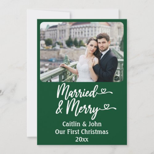 Married Merry Newlyweds Custom Green 1st Christmas Holiday Card