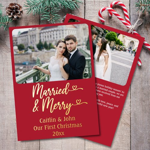 Married Merry Newlyweds Custom Red First Christmas Foil Holiday Card