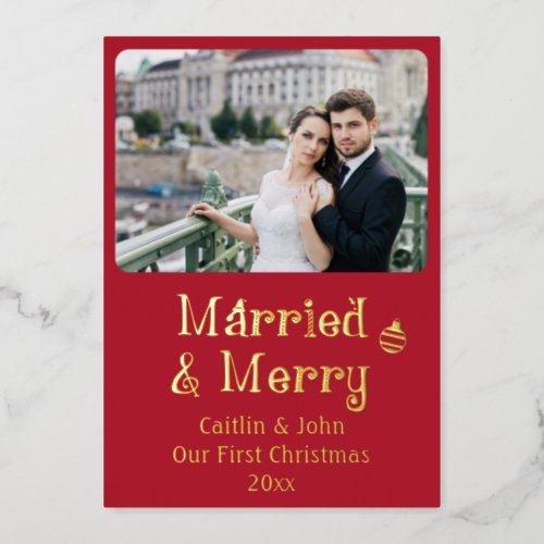 Married Merry Newlyweds First Christmas Custom Red Foil Holiday Card