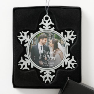 Married Merry Newlyweds First Christmas Photo Snowflake Pewter Christmas Ornament