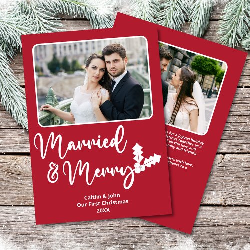 Married Merry Newlyweds First Christmas Photos Red Holiday Card