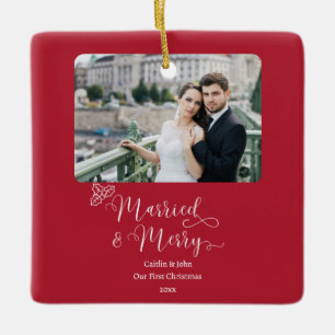 Married Merry Newlyweds First Christmas Red Photo Ceramic Ornament