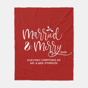 Married & Merry Our first Christmas Married Red Fleece Blanket