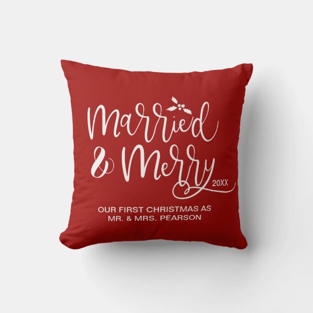 Married & Merry Our first Christmas Married Red Throw Pillow (Front)