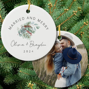 Married & Merry Our First Christmas Photo Ceramic Ornament