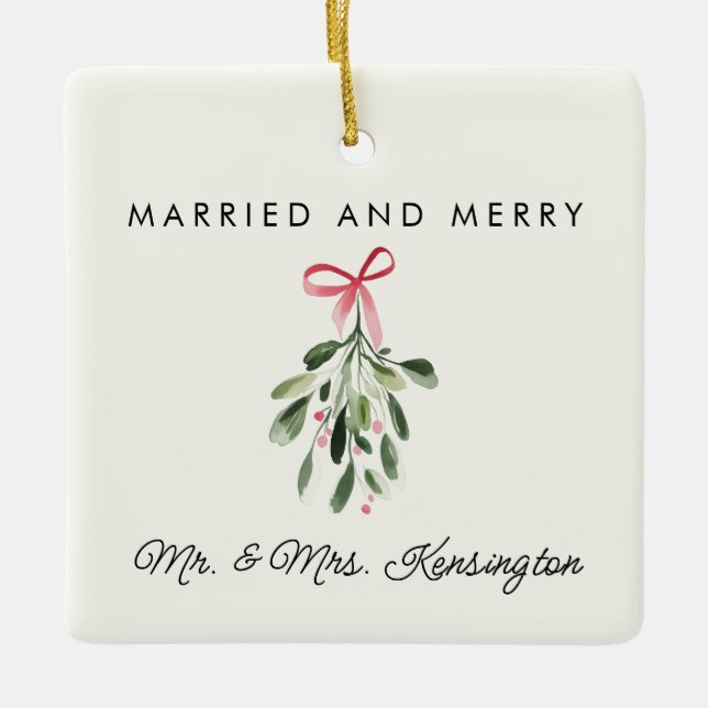 Married & Merry Personalized Newlywed Photo Ceramic Ornament (Front)
