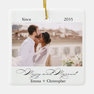 Married Merry Photo First Christmas Modern Ceramic Ornament
