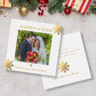 Married Merry Photo Gold Snowflake Christmas Mini Note Card