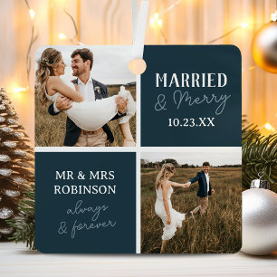 Married & Merry Photo Names Blue Christmas Metal Ornament