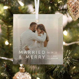 Married &amp; Merry Photo, Names &amp; Date Christmas Glass Ornament
