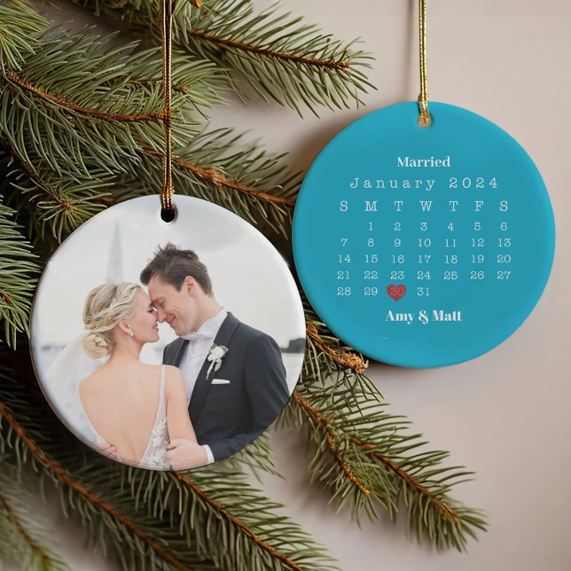 Married & Merry Photo, Names & Date Christmas Ornament (Creator Uploaded)