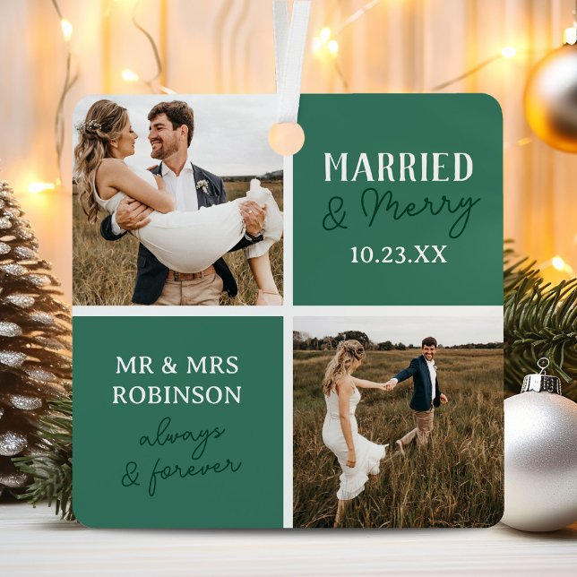 Married & Merry Photo Names Green Christmas Metal Ornament (Creator Uploaded)