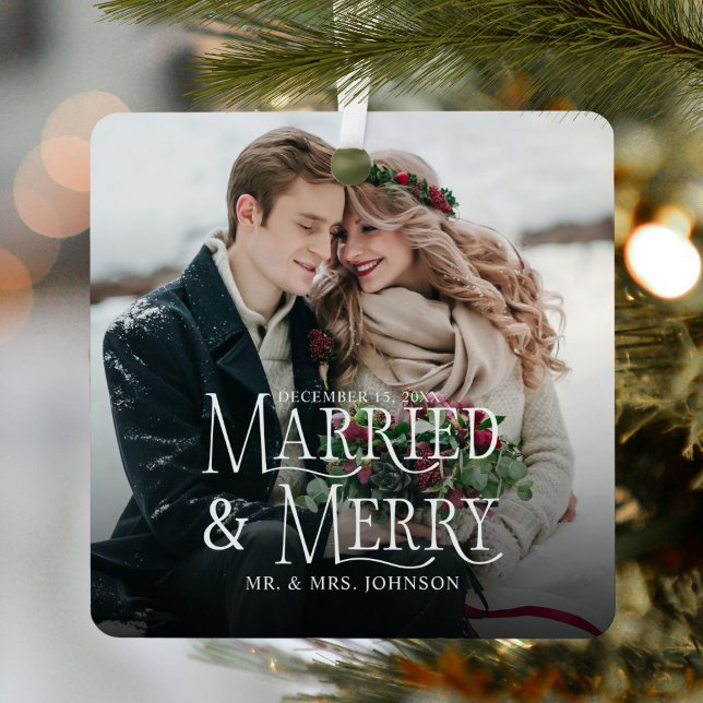 Married & Merry Photo Newlywed Christmas Metal Ornament (Creator Uploaded)