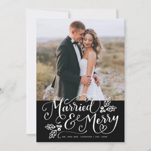 Married  Merry Photo Thank You Black Holiday Card