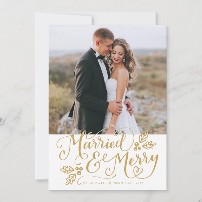 Married & Merry Photo Thank You Gold Holiday Card (Front)