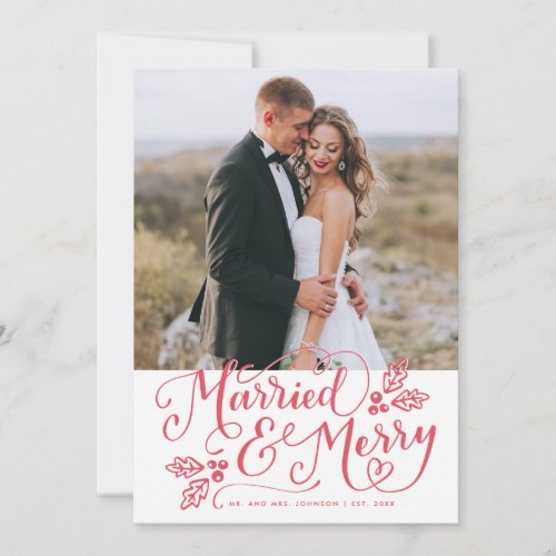 Married  Merry Photo Thank You Red Holiday Card