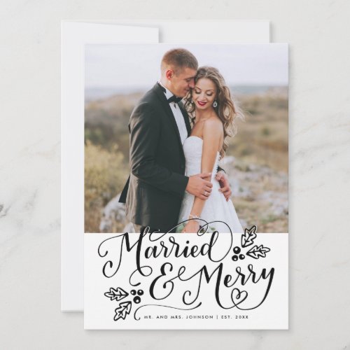 Married  Merry Photo Thank You White Black Holiday Card