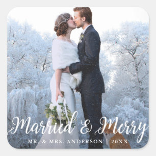 Married & Merry Photo Wedding Christmas Square Sticker