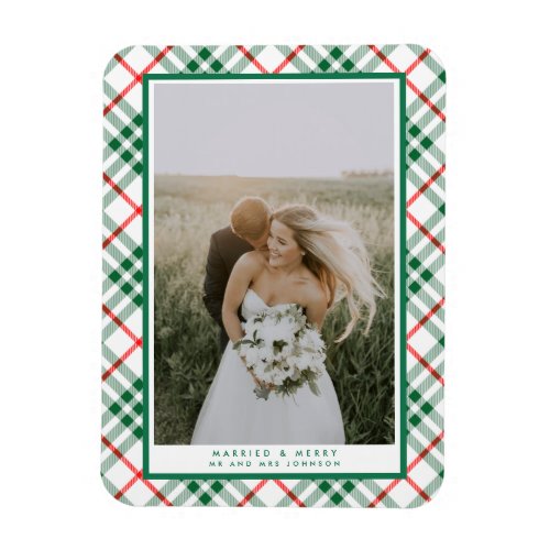 Married Merry Plaid Christmas Newlywed Photo Magnet